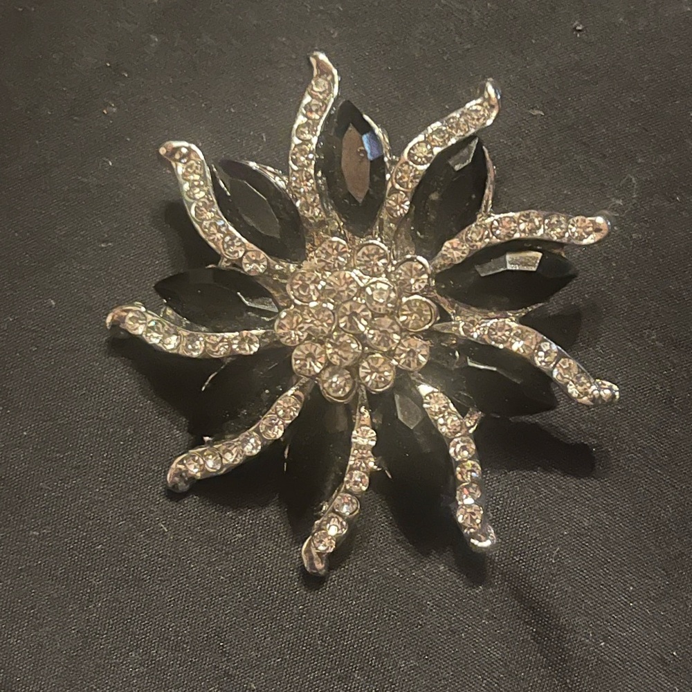 Large Black and Silver Floral Brooch Rhinestones